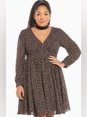 Torrid Black Long Sleeve Flare Floral Dress